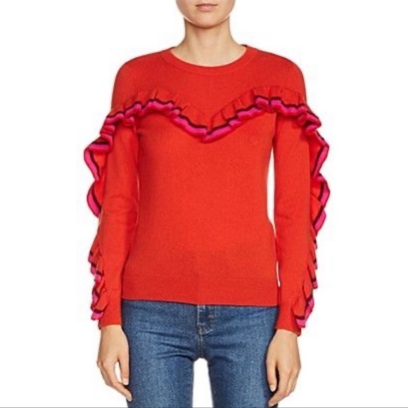Maje Marinella Red Ruffle Cashmere Sweater Top sz 1 - Picture 4 of 6